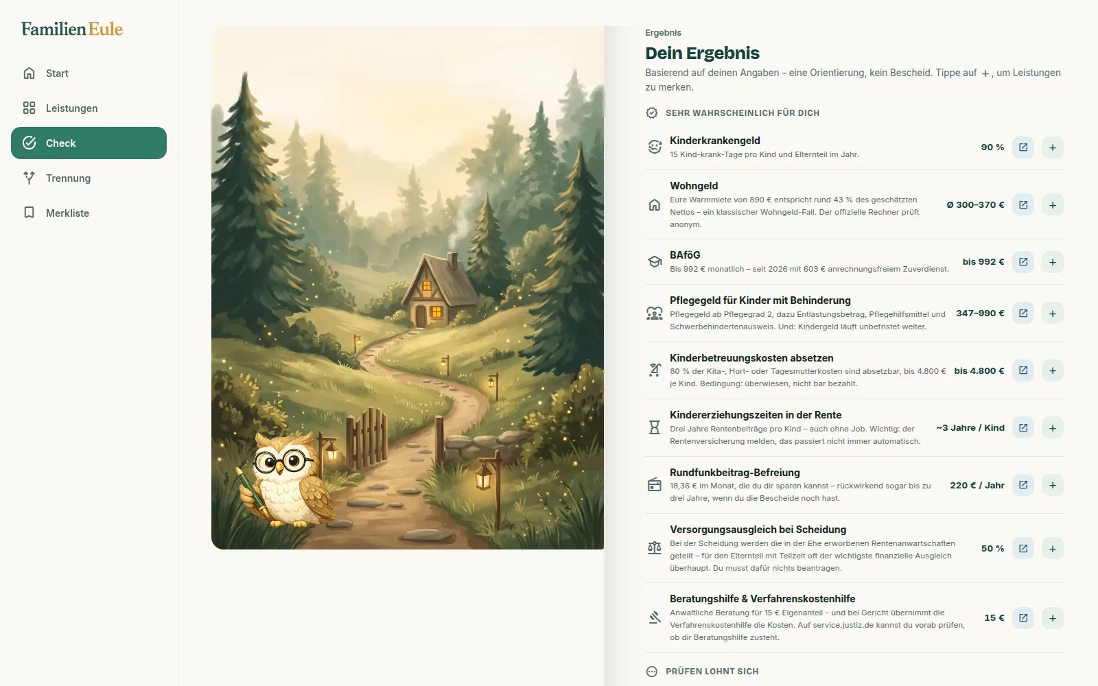 Familieneule, Ergebnis des Schnellchecks: links ein gemalter Waldweg mit der Eule, rechts die Leistungen, die sehr wahrscheinlich passen, etwa Kinderkrankengeld, Wohngeld und BAföG, jede mit Betrag, Link zur Leistung und Merken-Knopf