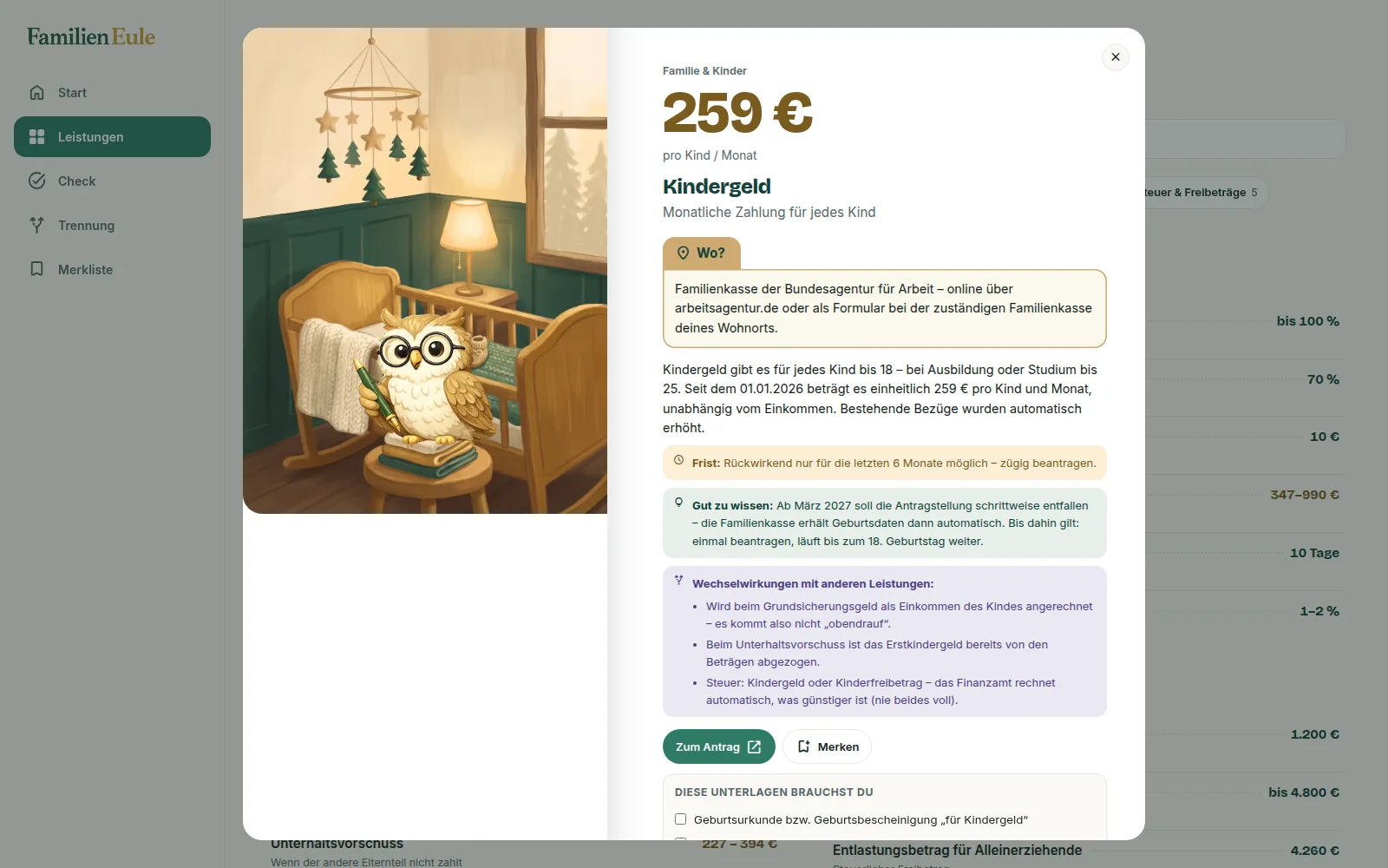 Familieneule, geöffnete Seite Kindergeld: links ein gemaltes Kinderzimmer mit der Eule, rechts 259 Euro pro Kind und Monat, Antragsstelle Familienkasse, Erklärung, Frist, ein Hinweis zum Wegfall des Antrags ab März 2027, Wechselwirkungen mit anderen Leistungen und die Liste der Unterlagen