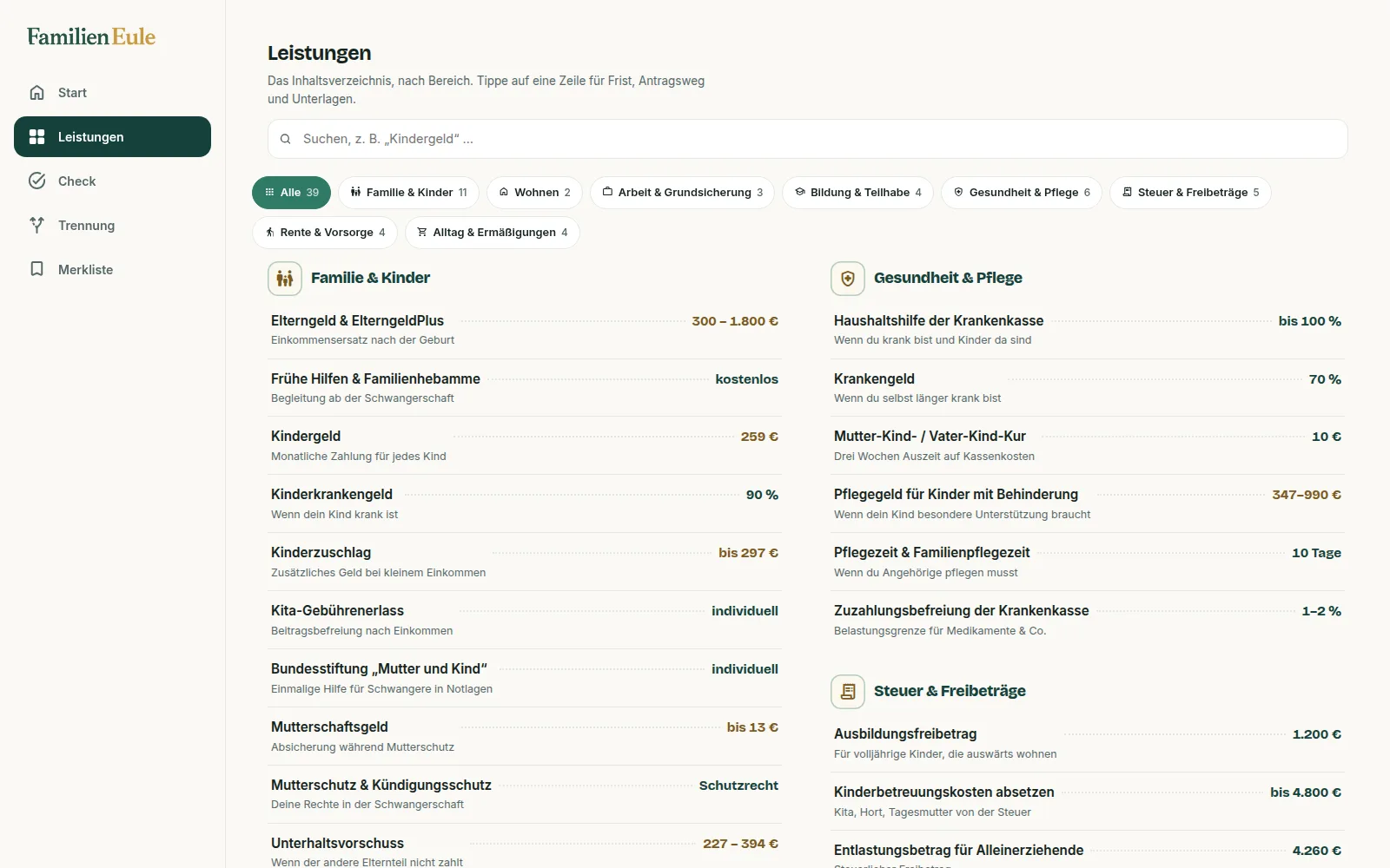 Familieneule, Leistungsverzeichnis: Suchfeld, Filter nach Lebensbereichen wie Familie und Kinder oder Wohnen, darunter Zeilen mit Kurzbeschreibung und Betrag, etwa Kindergeld 259 Euro oder Elterngeld 300 bis 1.800 Euro