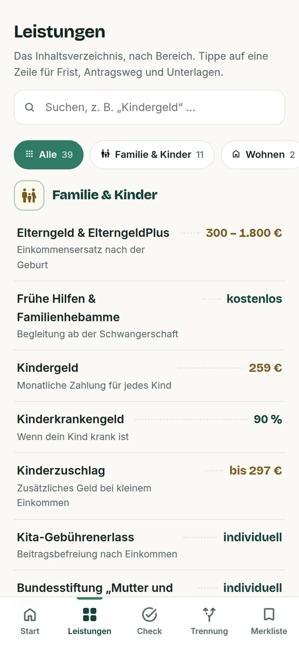 Familieneule auf dem Telefon, Leistungsverzeichnis mit Suche, Filterleiste und Beträgen je Zeile