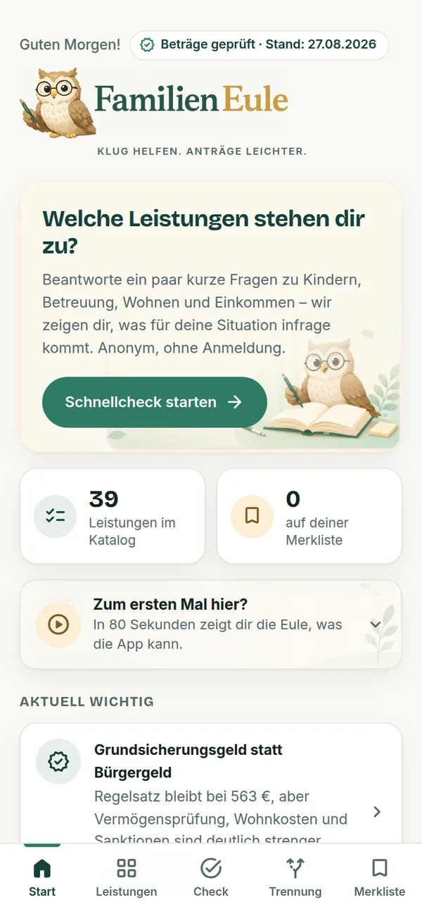 Familieneule auf dem Telefon, Startseite mit Schnellcheck und Zählern