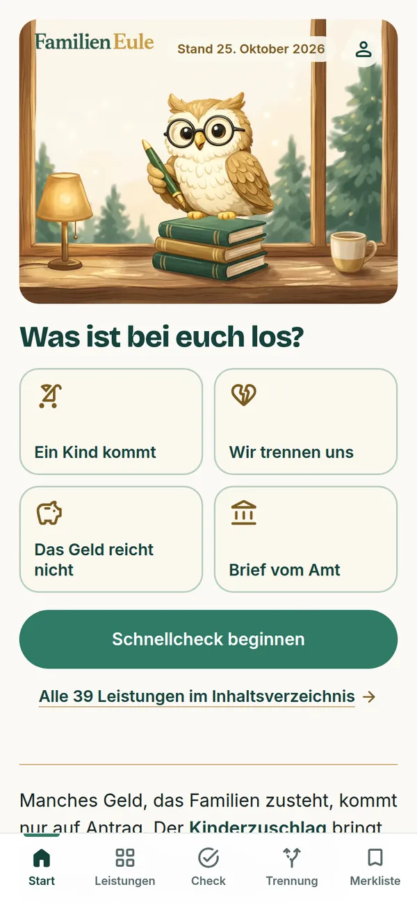 Familieneule auf dem Telefon, Startseite mit gemalter Eule, vier Einstiegen nach Lebenslage und dem Schnellcheck
