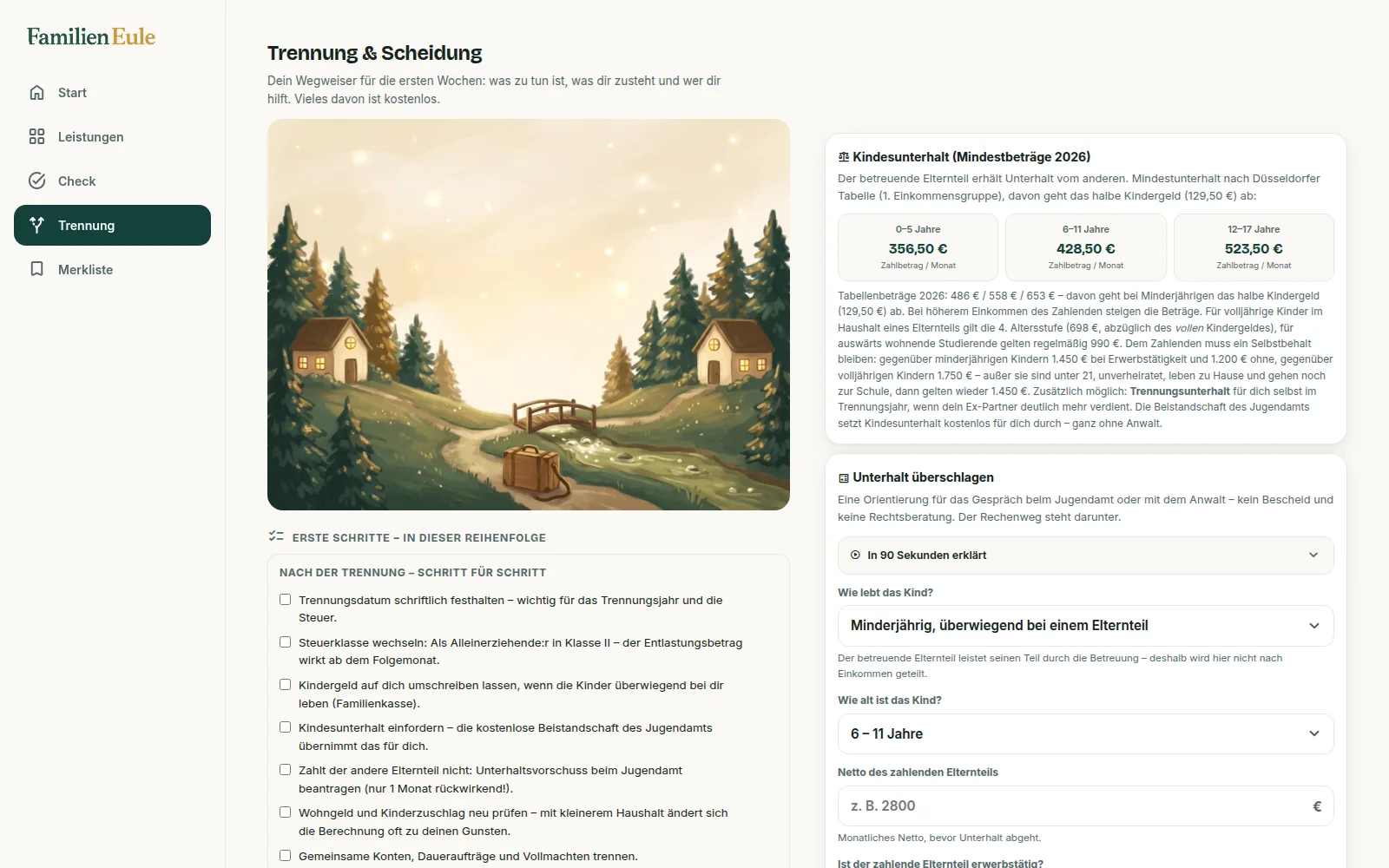 Familieneule, Wegweiser Trennung und Scheidung: gemaltes Bild der Eule vor zwei Häusern, darunter die Checkliste der ersten Schritte, rechts der Mindestunterhalt 2026 nach Alter und ein Rechner zum Überschlagen