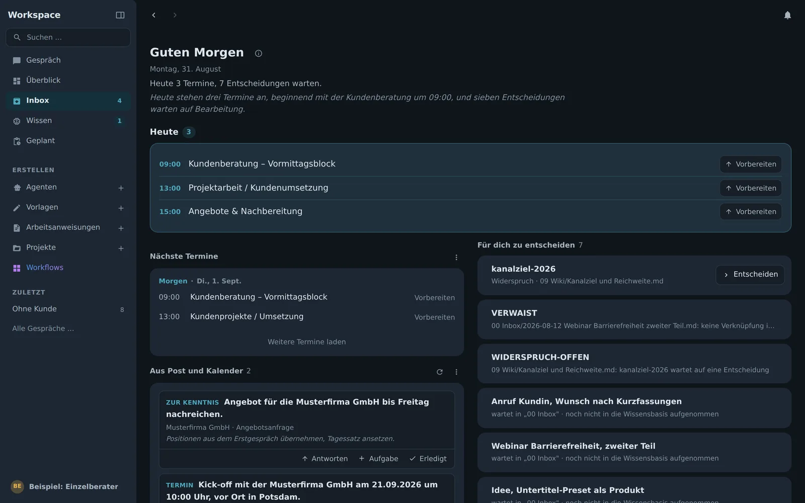Baitz Workspace: Inbox mit Terminen des Tages, offenen Entscheidungen und einem markierten Widerspruch